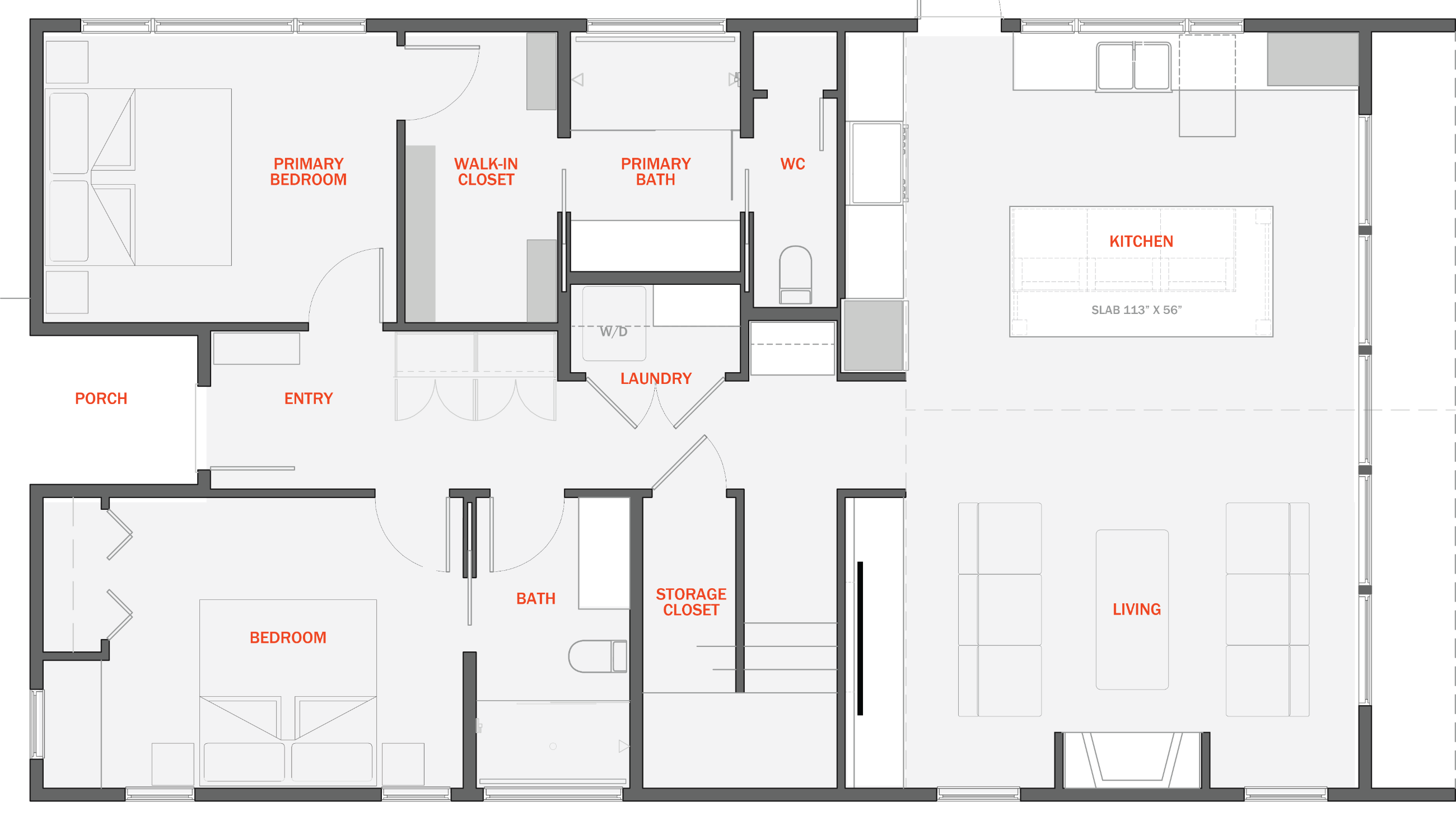 Main floor plan — porch, entry, two bedrooms, kitchen and living