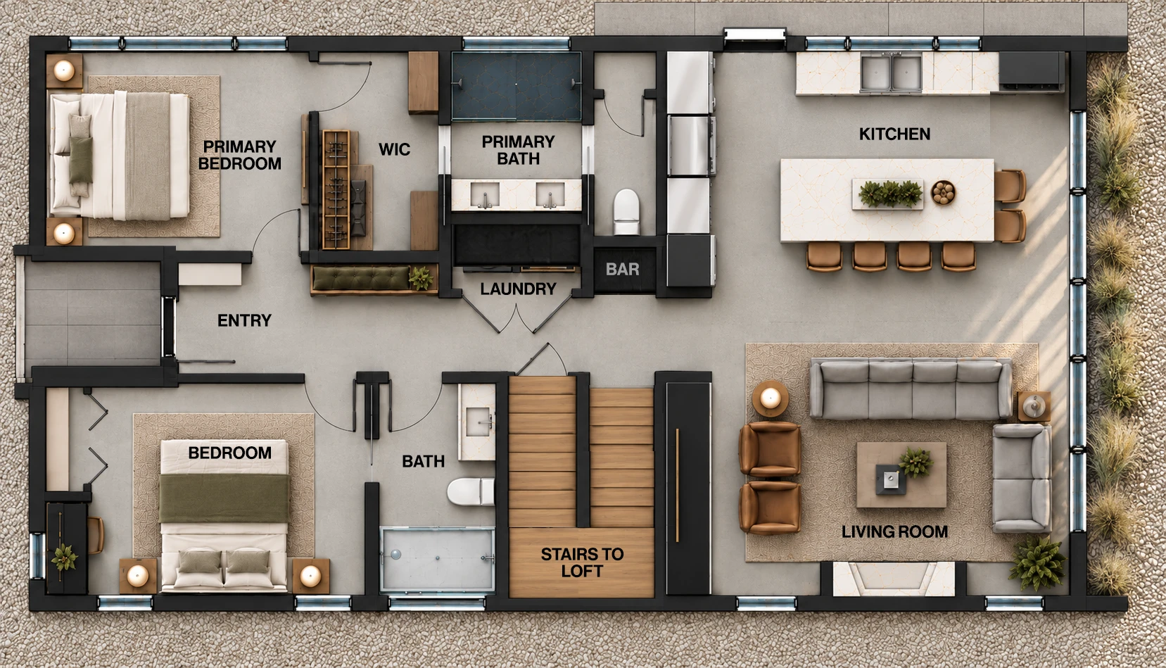 Main floor plan — porch, entry, bedrooms, kitchen and living