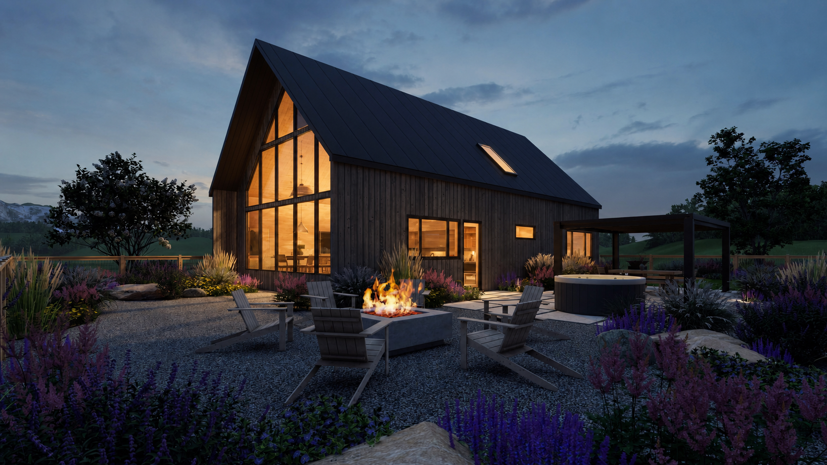 Valley Home at dusk, seen from the fire terrace