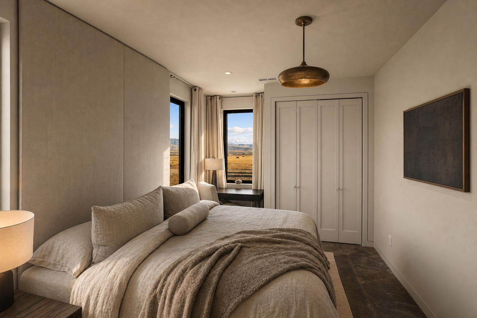 Rendering of a bedroom off the hall, desk at the window and closet set into the wall