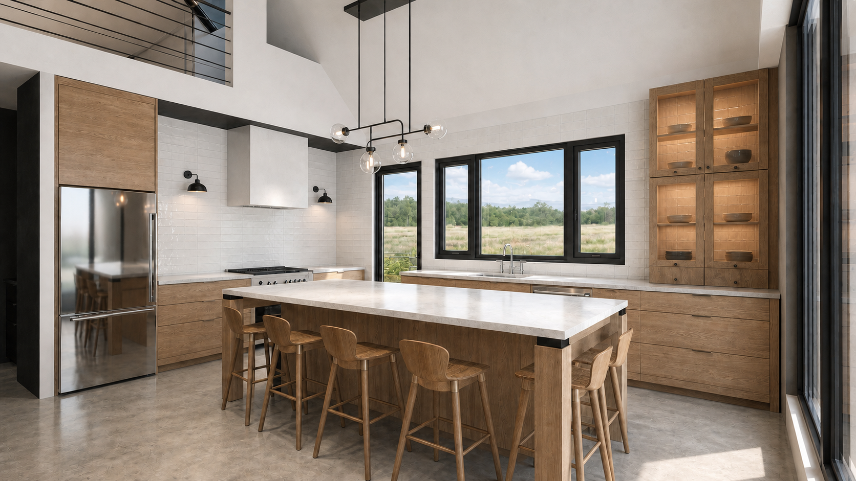 Rendering of the kitchen, island with stool seating, open to the loft above