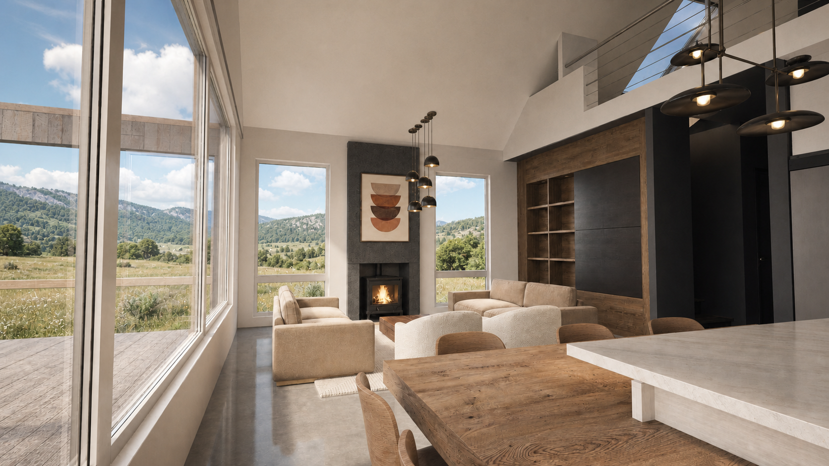 Rendering of the living and dining room, wood stove on the inner wall and the loft rail above