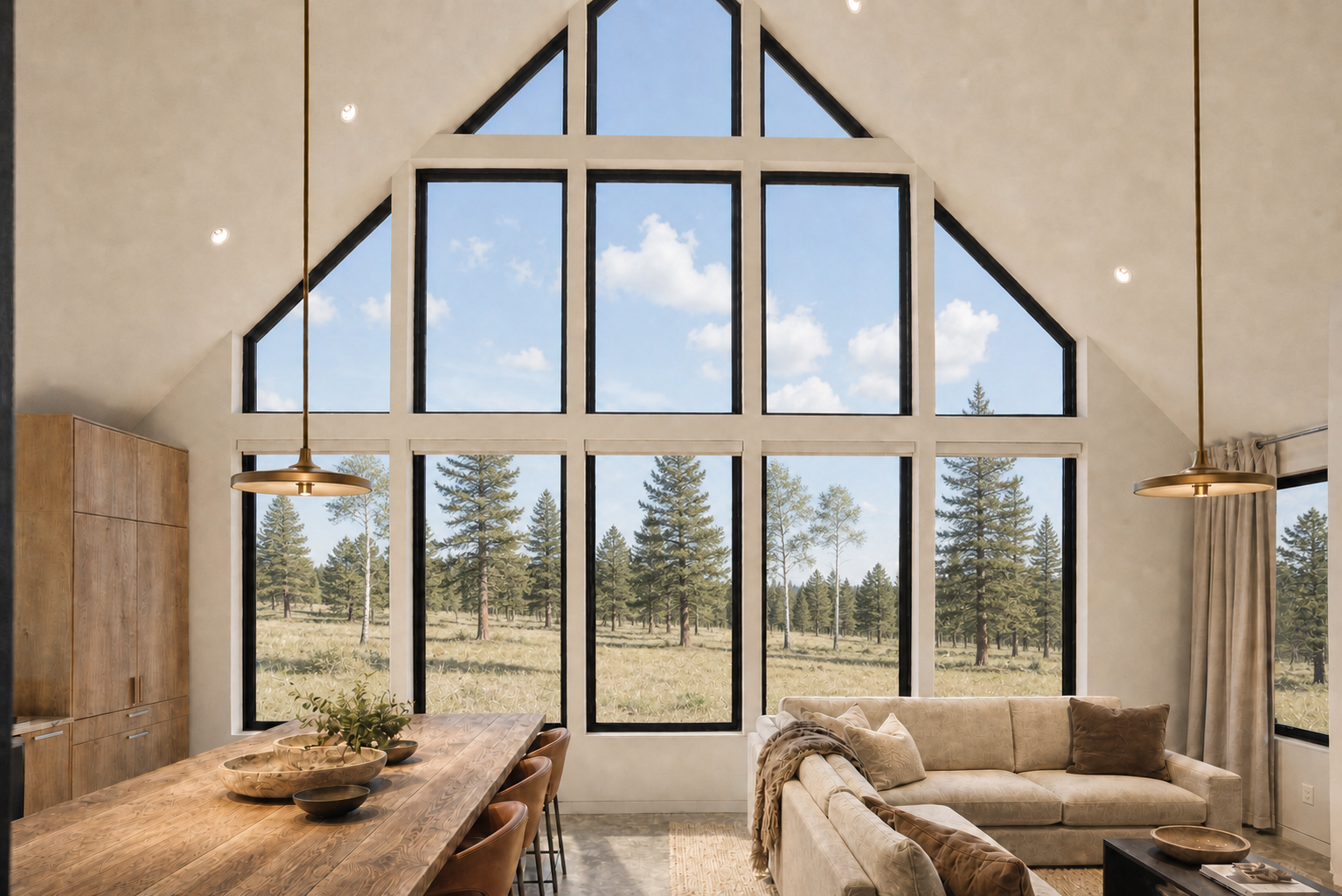 Rendering of the full-height south window wall seen from the dining table