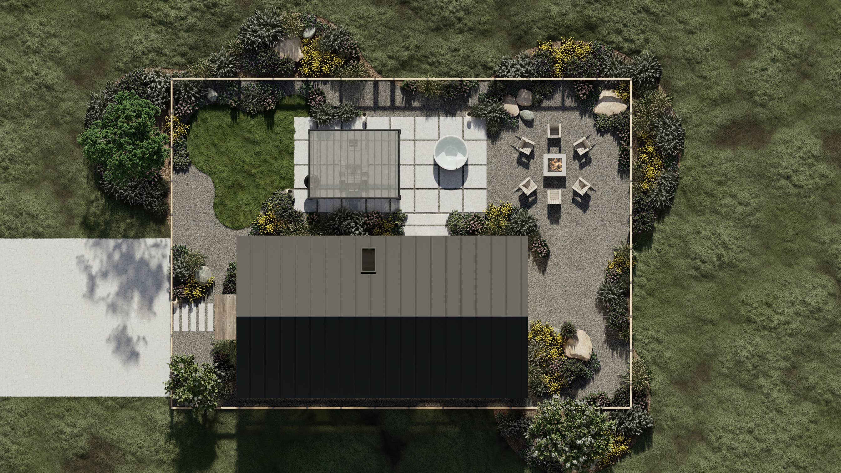 Overhead view of the house and its fenced ground